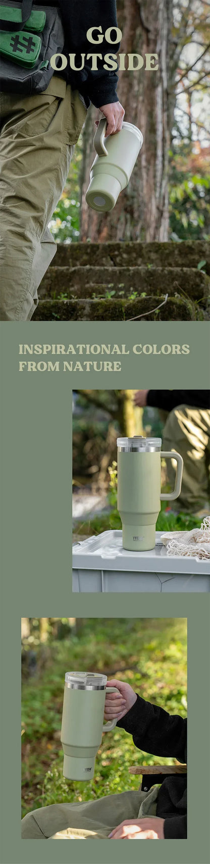 Tyeso 900/1200ml Stainless Steel Vacuum Cup Car Insulated Coffee Cup with Handle Outdoor Mountain Climbing Portable Water Cup